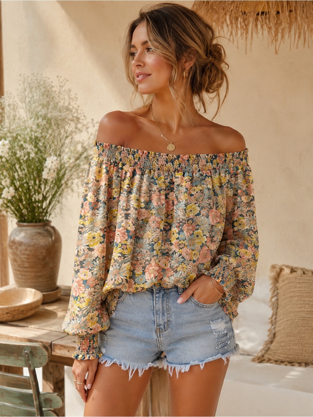Umgee Off-Shoulder Floral Peasant Blouse - Multicolor